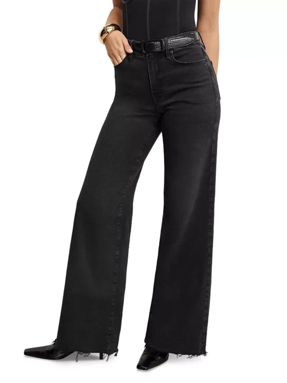 Good American Soft Tech Good Waist Palazzo Jeans in Black, Size 6/28, Like New